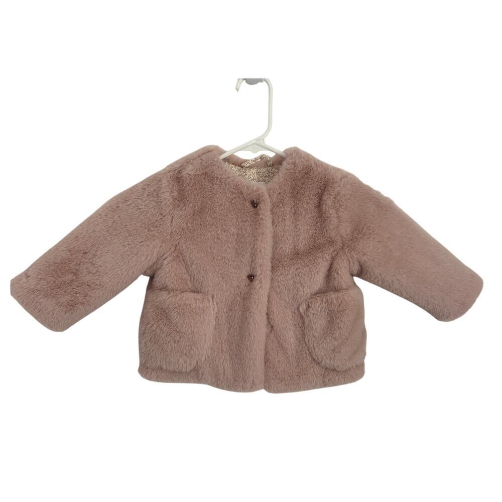 Zara Plush Soft Faux Fur Buttoned Jacket with Pockets Size 6-9 Months EUC Pink
